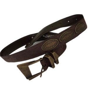 Western boho skinny Leather Belt with Brass Medallions